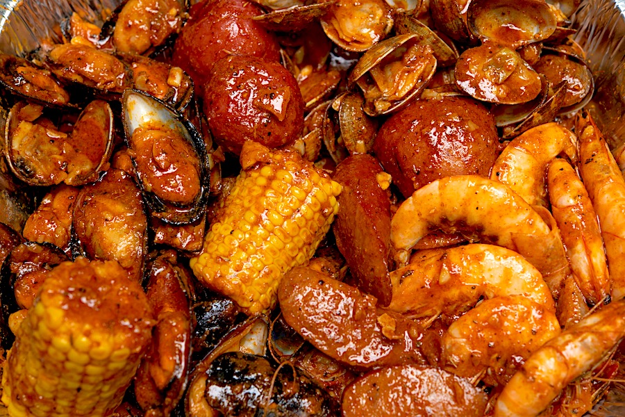 Combo Deal #1: shrimp, clams, mussels and corn in KC sauce.