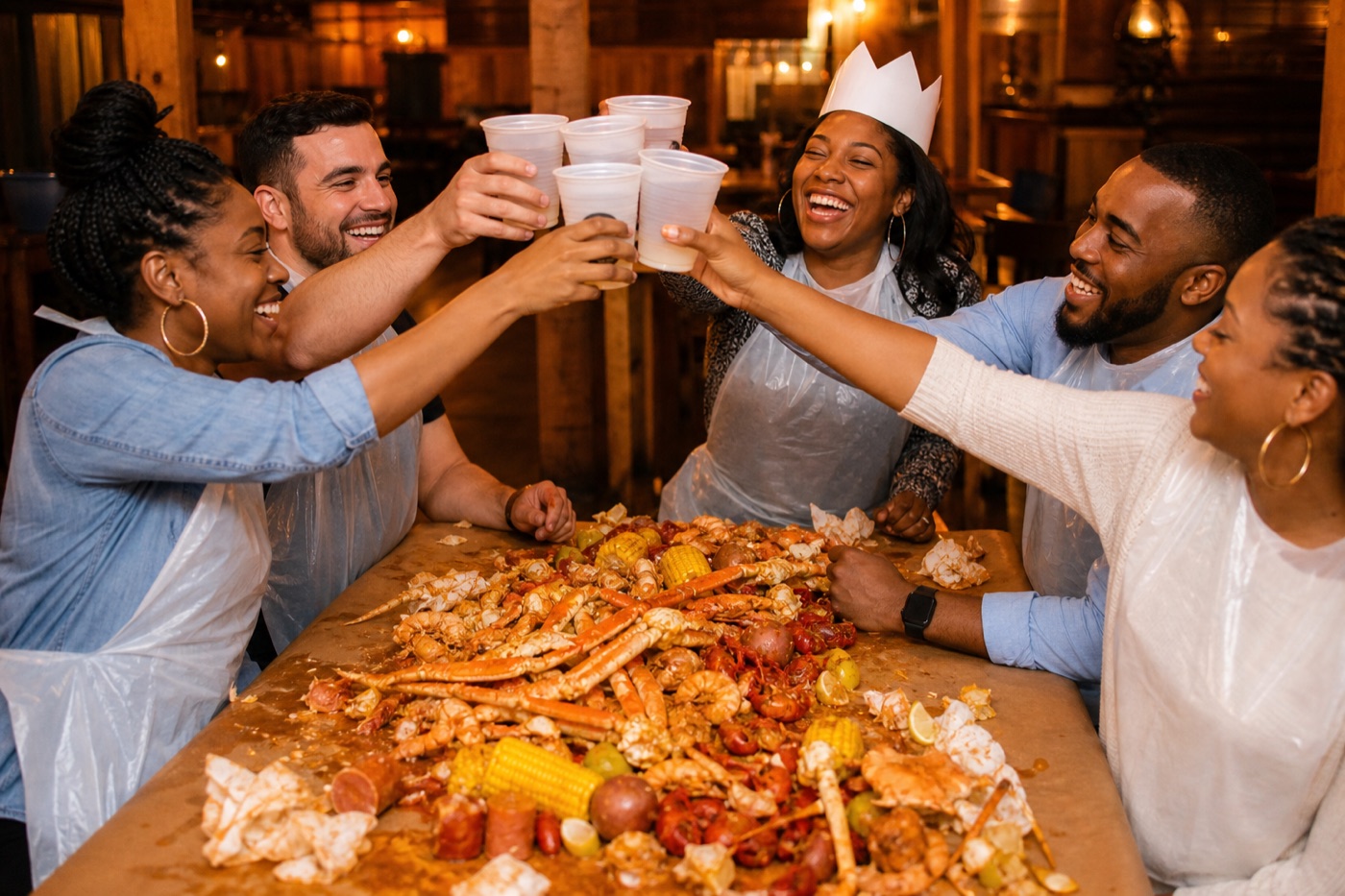 A birthday group in bibs raising drinks over a table of seafood.